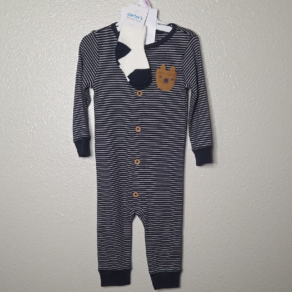 Carter's Navy and White Striped Footie with Bear Patch